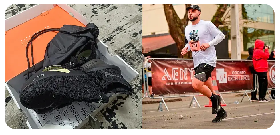 Prova: tênis recebido e em uso na corrida